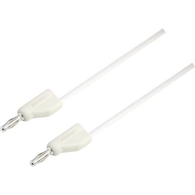 Two white banana plugs with cable from the Voltcraft brand, each connected with a plastic cap.