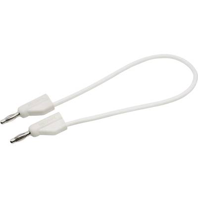 Two white banana plugs with a short cable, used for connecting electrical devices.