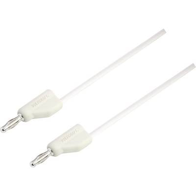 Two white loudspeaker banana plugs with 'Voltcraft' printed on them, suitable for connecting speaker cables to audio amplifiers.