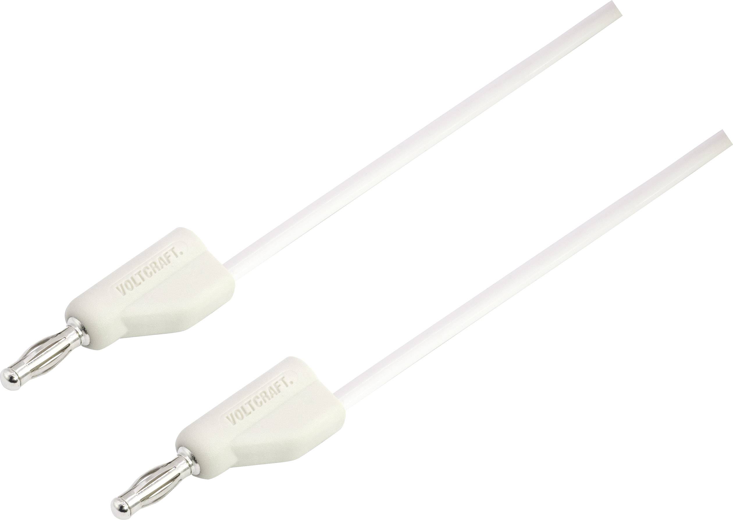 Two white cables with banana plugs at the ends, suitable for electrical installations and device connections.
