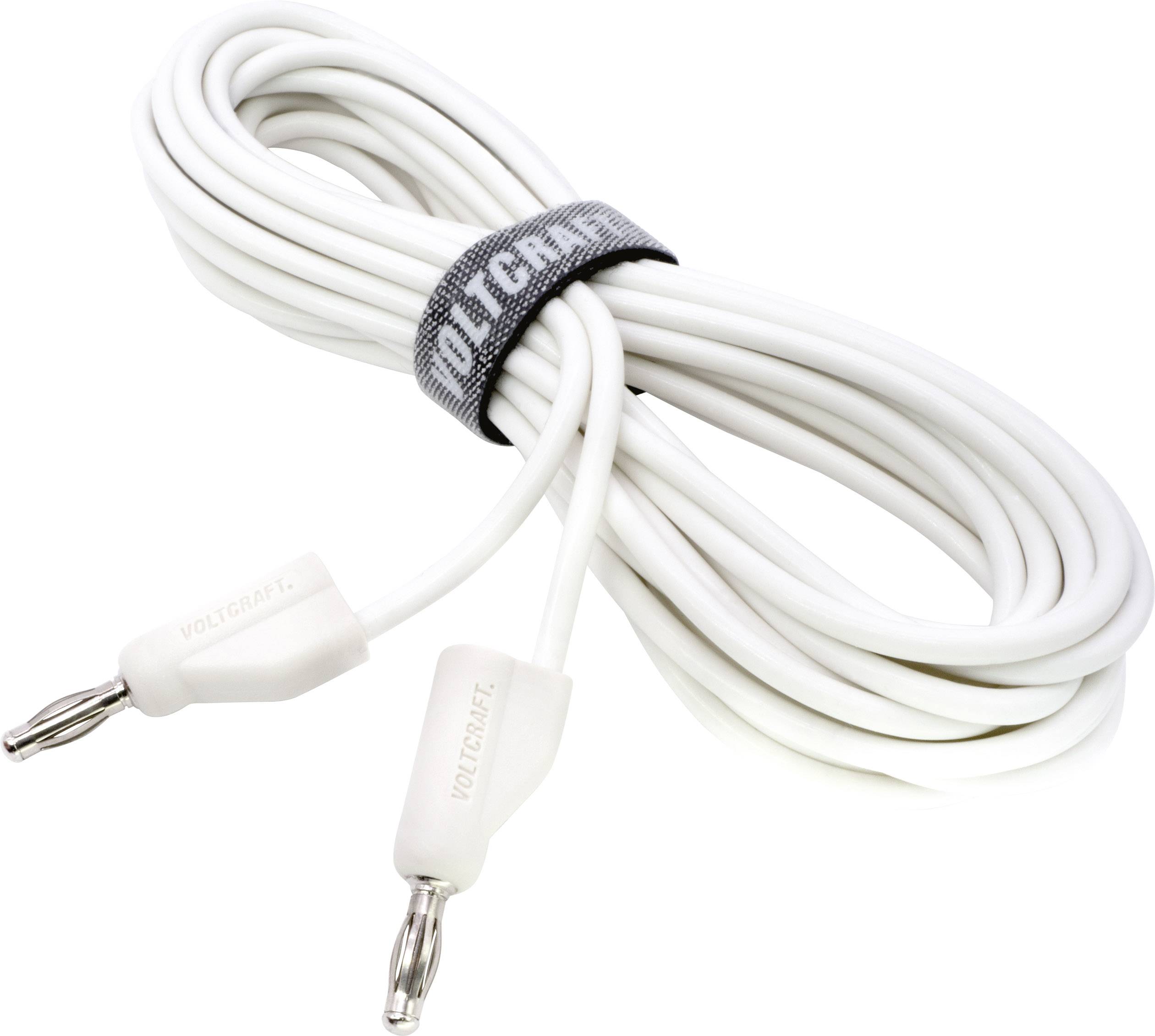 White Voltcraft banana plug cable, with two plugs at the ends, bundled together with a hook and loop fastener for cable management.