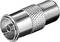 Silver coaxial socket adapter with a knurled, cylindrical housing.