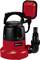 A red and black submersible pump by Einhell with hose connection and carry handle, suitable for pumping out water.