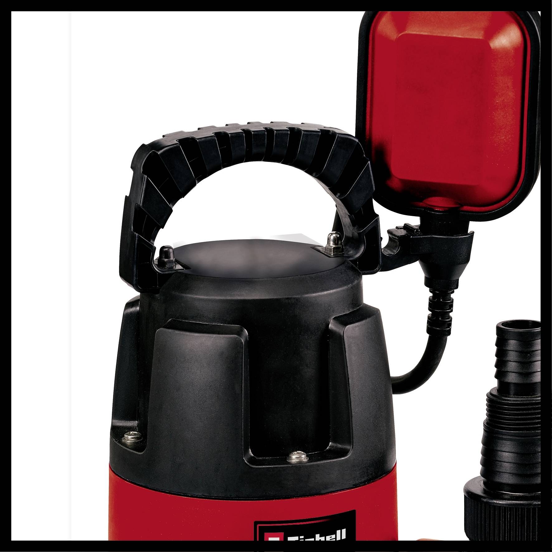 A red submersible pump with a black handle and black connection pipe. It features a side display and is suitable for water applications.