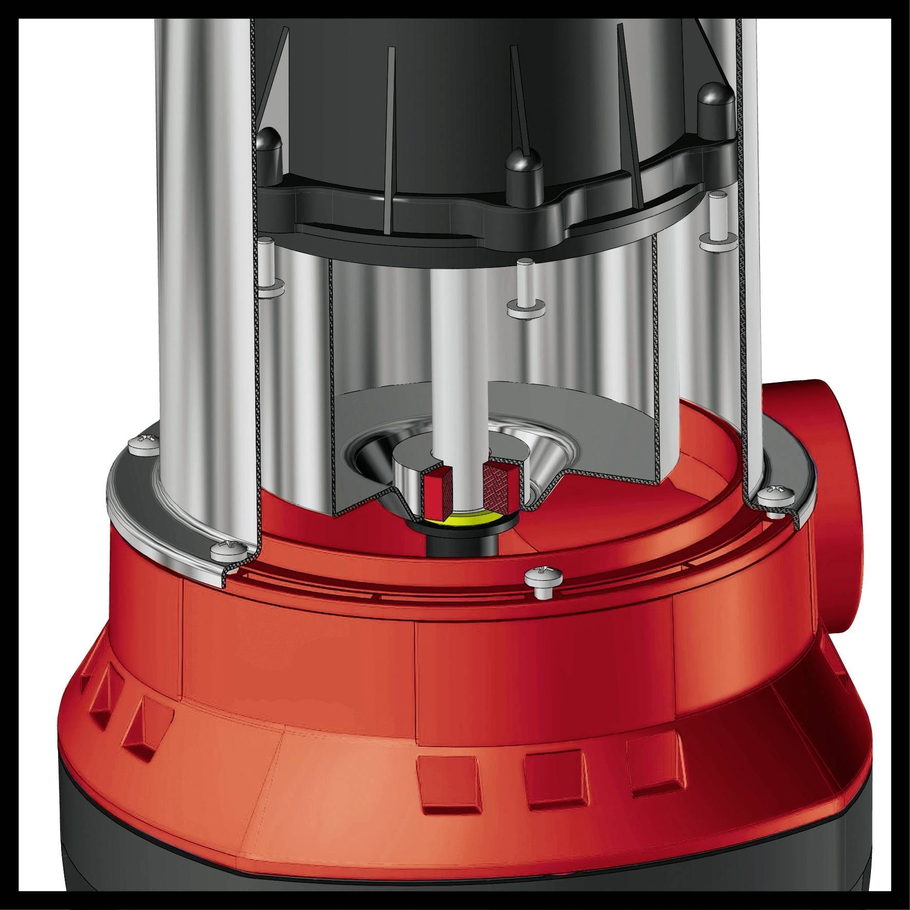 Illustration of a part of a machine component, likely a pump. Visible metal details and red-black colouration.