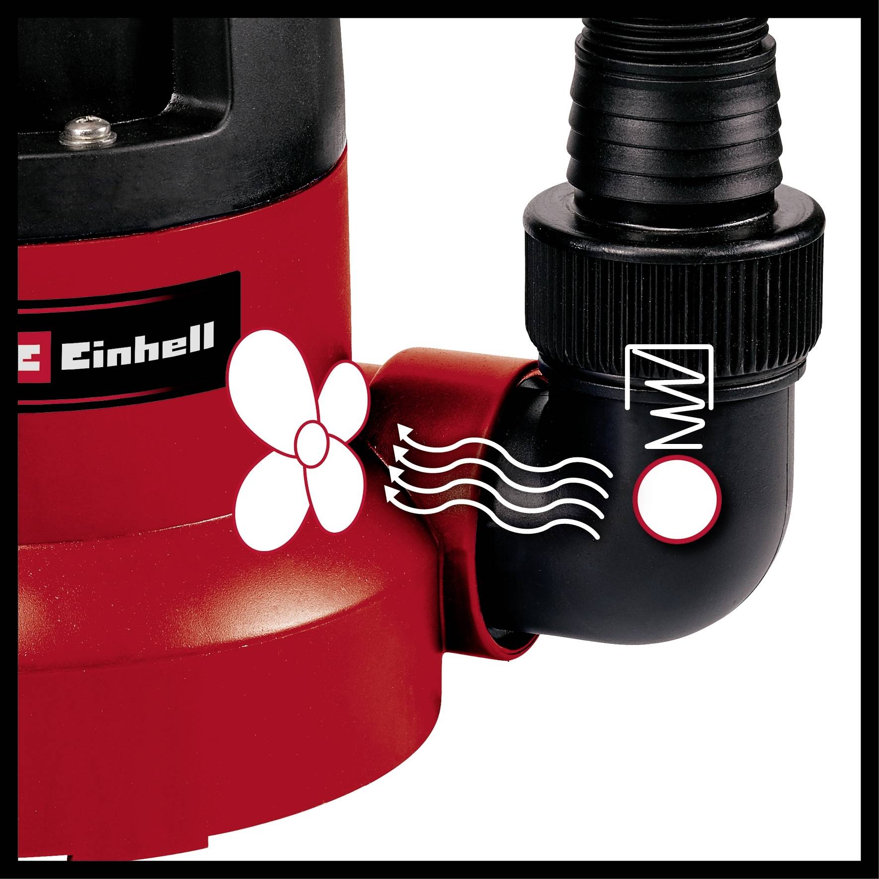 Red water pump with black nozzle. White symbols indicate airflow and wavy lines, suggesting the device's function.