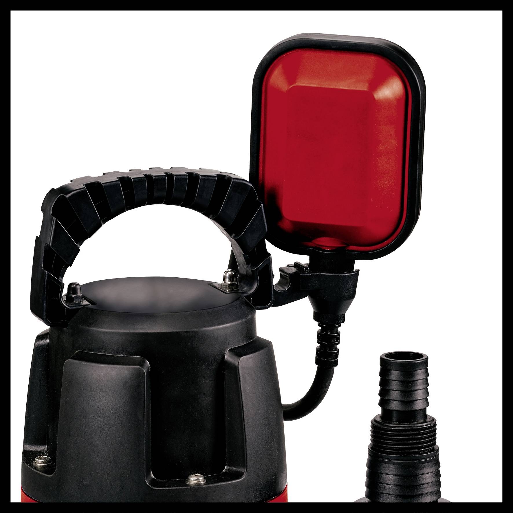 A black submersible pump with a red float switch and a black plastic hose connection next to the pump.