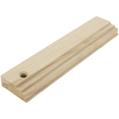 A rectangular wooden block with an angled edge and a circular hole at the bottom end.