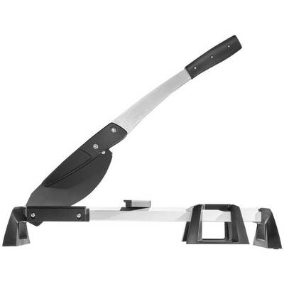 A manual metal cutting machine with a long handle and blade, mounted on a sturdy stand, photographed from the side.