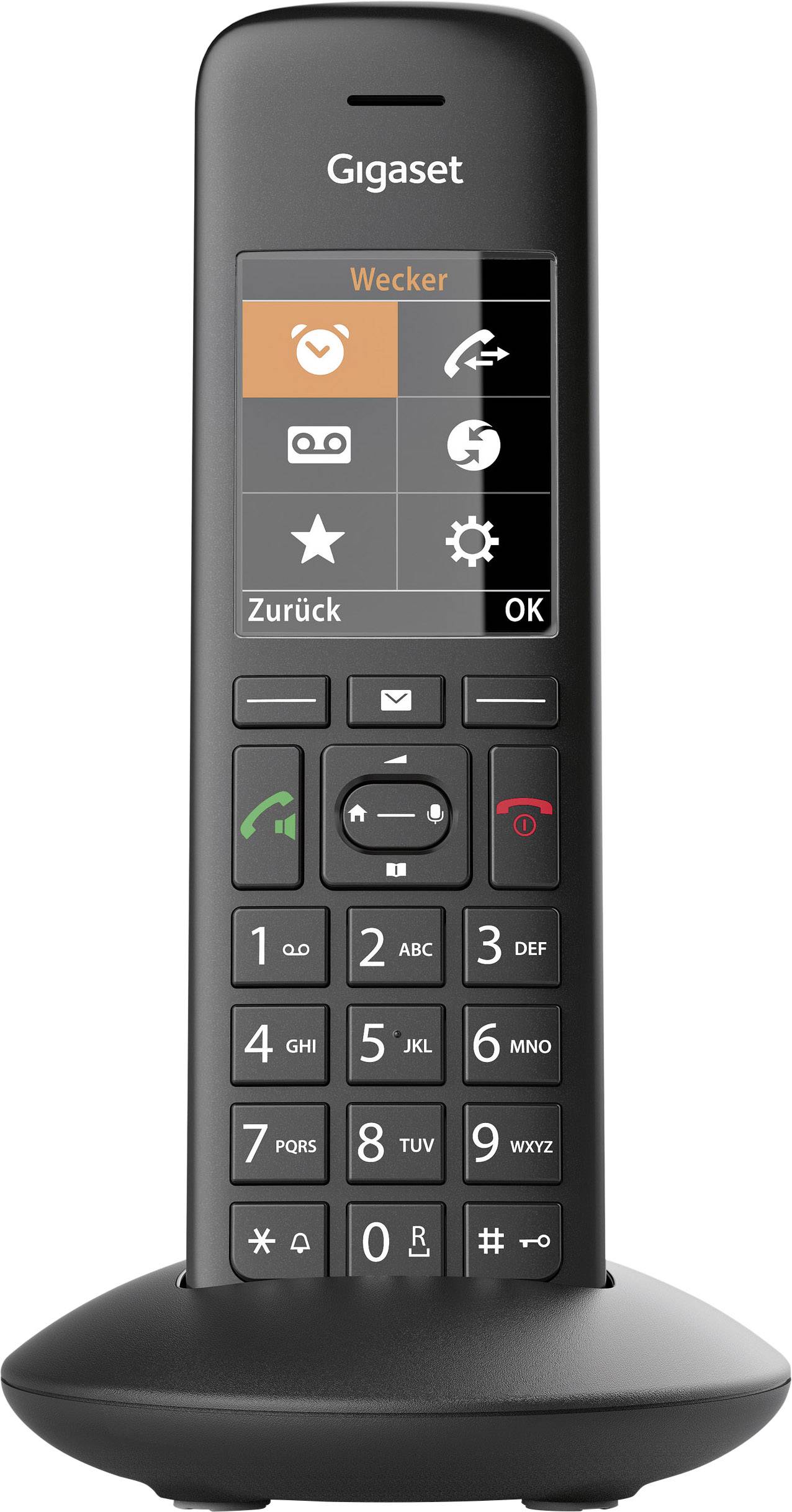 A black cordless telephone with a display, showing symbols for alarm clock, call log, star, and settings. Buttons beneath.
