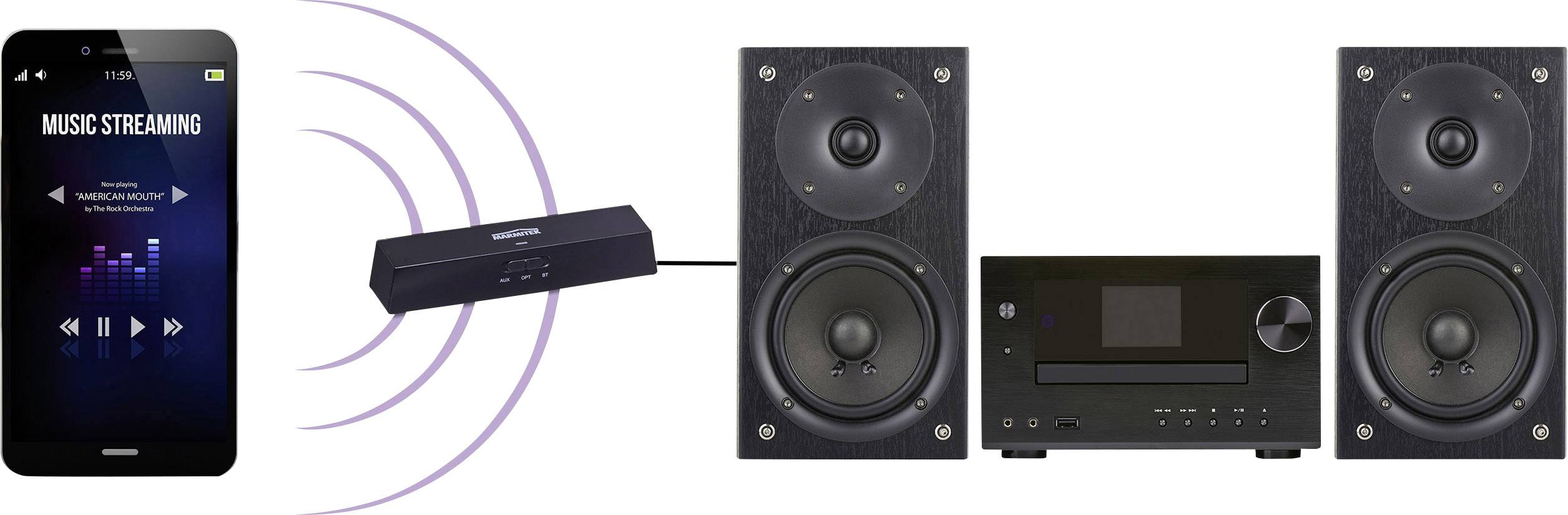 Smartphone displays 'Music Streaming', wirelessly transmitting audio signal to amplifier connected to two speakers.