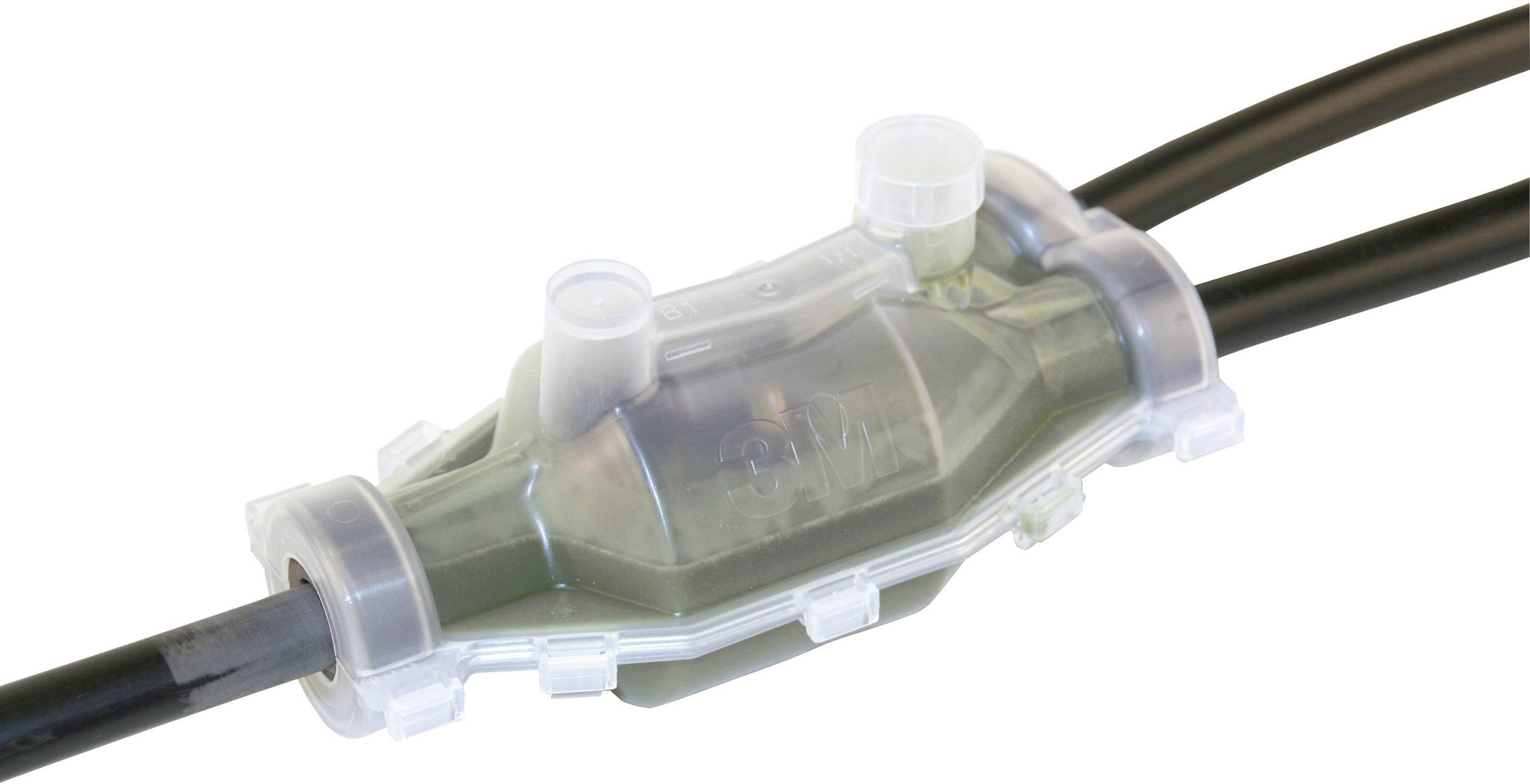 A transparent cable connector joining two black cables.