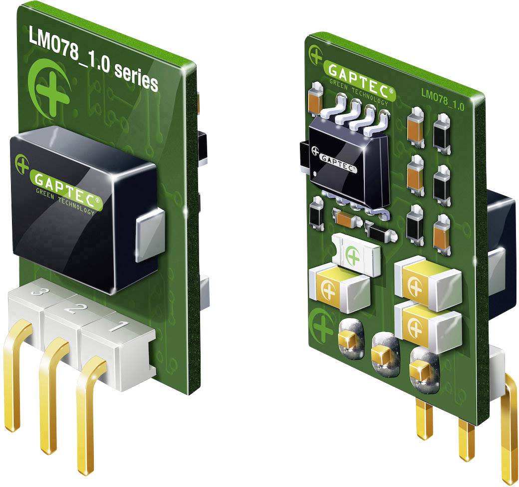 'LM078 1.0 series' voltage converter by Gaptec, compact with green circuit board. Marked 'Green Technology'. Shows front and back view.