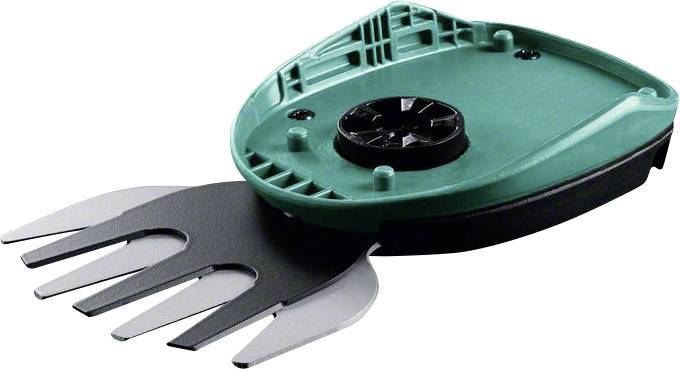 Green cutting blade with several black prongs that are leaf-shaped. Suitable for garden tools used for trimming grass edges.