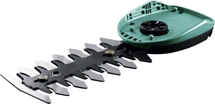 Electric hedge trimmer head with a green casing and black blades, suitable for cutting shrubs and hedges.