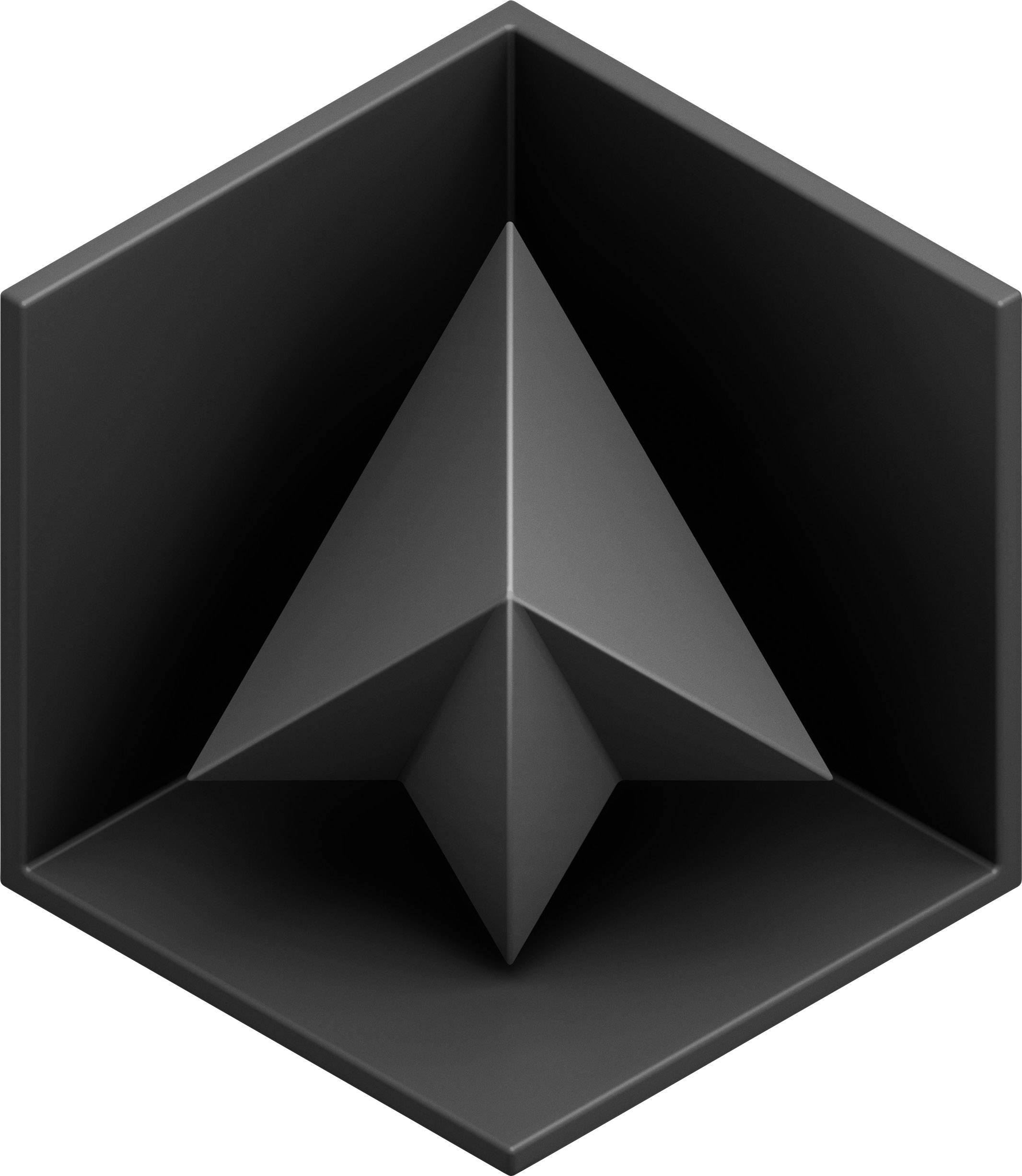 A hexagonal, dark grey 3D logo with an upward-pointing arrow shape in the centre.