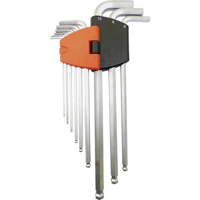 A set of L-shaped Allen keys in various sizes, arranged in a black and orange holder.