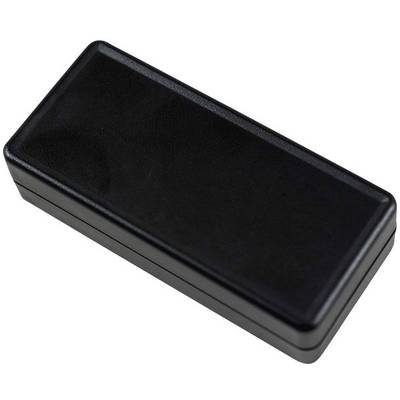 Black rectangular plastic box, closed, on a neutral background.