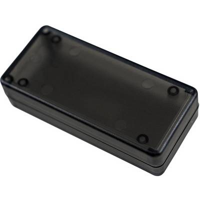 A rectangular, black plastic enclosure, similar to an electronics box, lies flat on a white surface.