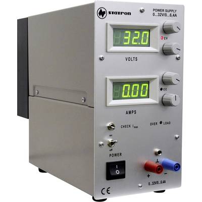Laboratory power supply with digital display, showing 32.0 volts and 0.00 amperes. On/Off switch, along with red and blue terminals.