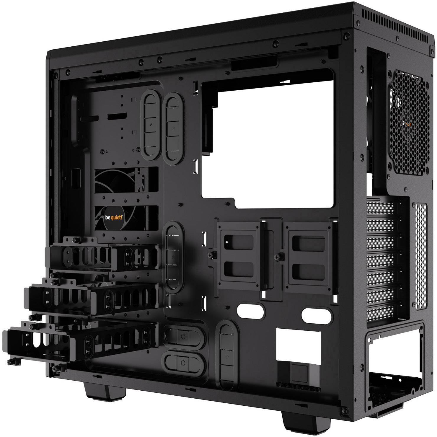 A blank black metal PC case frame with a viewing window, suitable for installing computer components, shows fan placement.