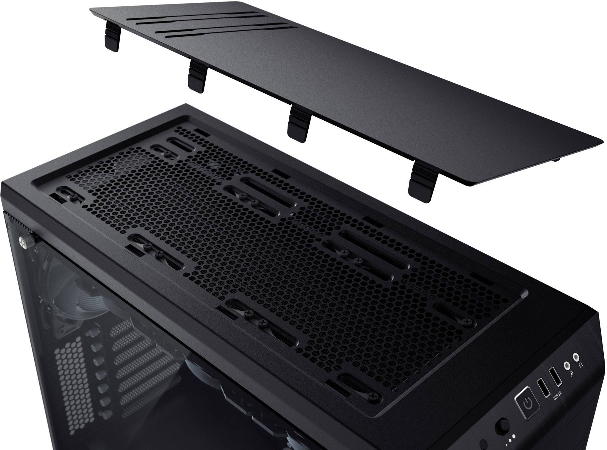Black PC case shows removable top ventilation grill with connections on the front.