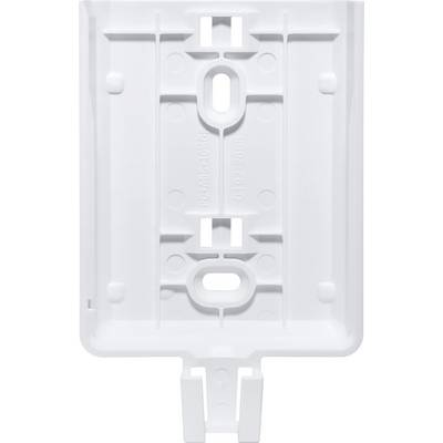 White plastic mounting bracket with multiple oval and rectangular openings, used for securing or installation.
