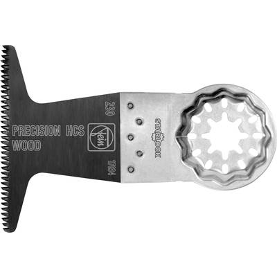 Black and silver saw blade with a Starlock mounting. Inscription: 'Precision HCS Wood'. Manufacturer's logo visible.