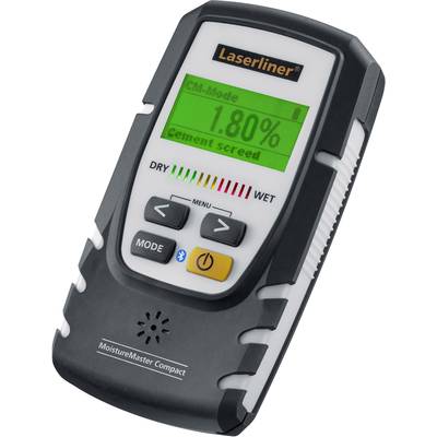 Moisture meter with digital display showing '1.80%'. LED bar indicates dry to wet. Buttons for mode and menu.