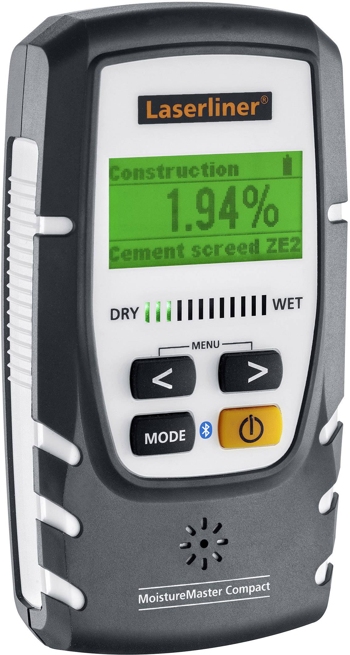 Moisture meter with digital display shows '1.94% Construction Moisture'. 'DRY' and 'WET' indicators are active.