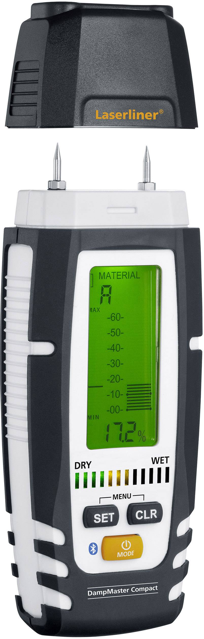 The image shows a moisture meter with an illuminated display indicating the moisture content in percentage.