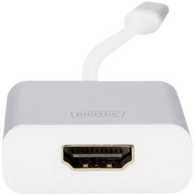 HDMI adapter by Digitus, silver, rectangular. Front with HDMI port, short white connection to USB-C plug on top.