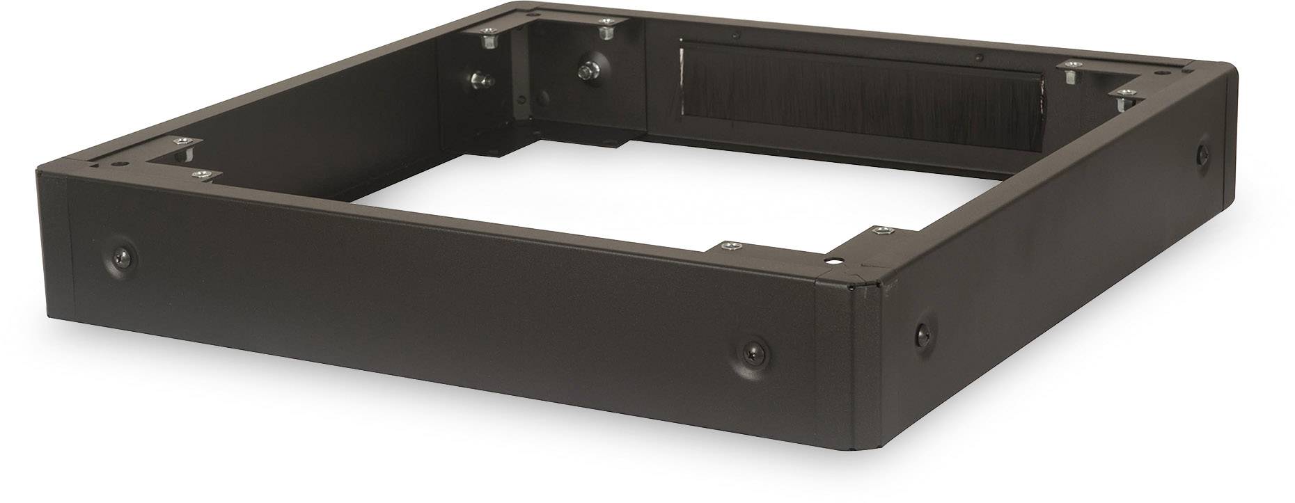 'Black square metal frame with screw holes, potentially intended as a base or mounting bracket for another device or structure.'