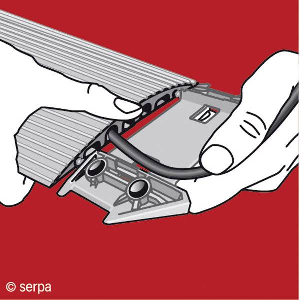 'Illustration of hands connecting an electrical plug to a device, on a red background.'