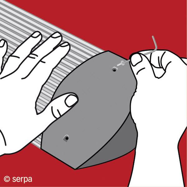 A drawing depicts hands sewing a grey piece of fabric with a needle and thread on a red-striped background.