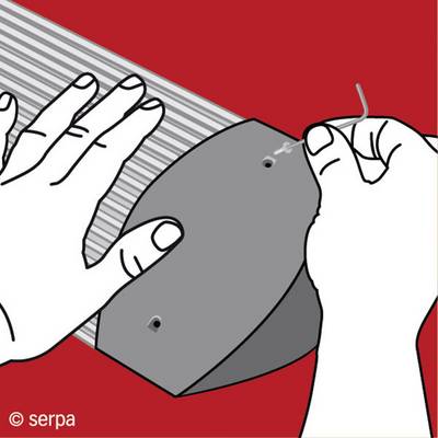 A drawing depicts hands sewing a grey piece of fabric with a needle and thread on a red-striped background.