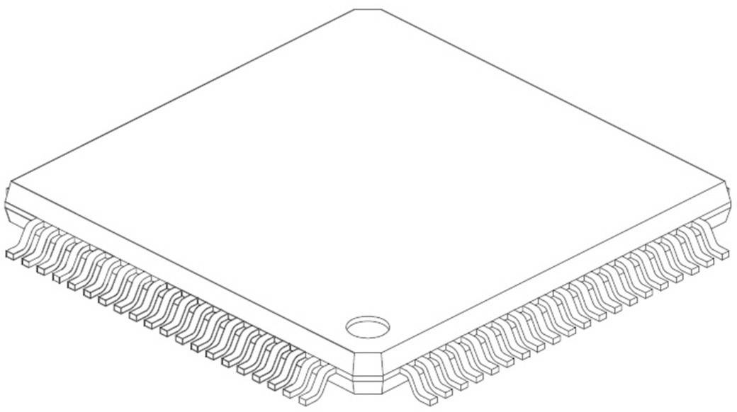 Diagram of a microchip layout, showing a square package with numerous pins along all sides, used in electronics.