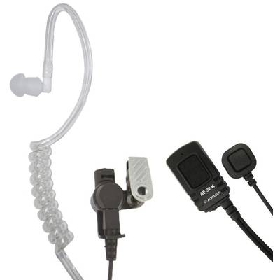 Earphones with a transparent ear hook and cables, connected to a black plug.