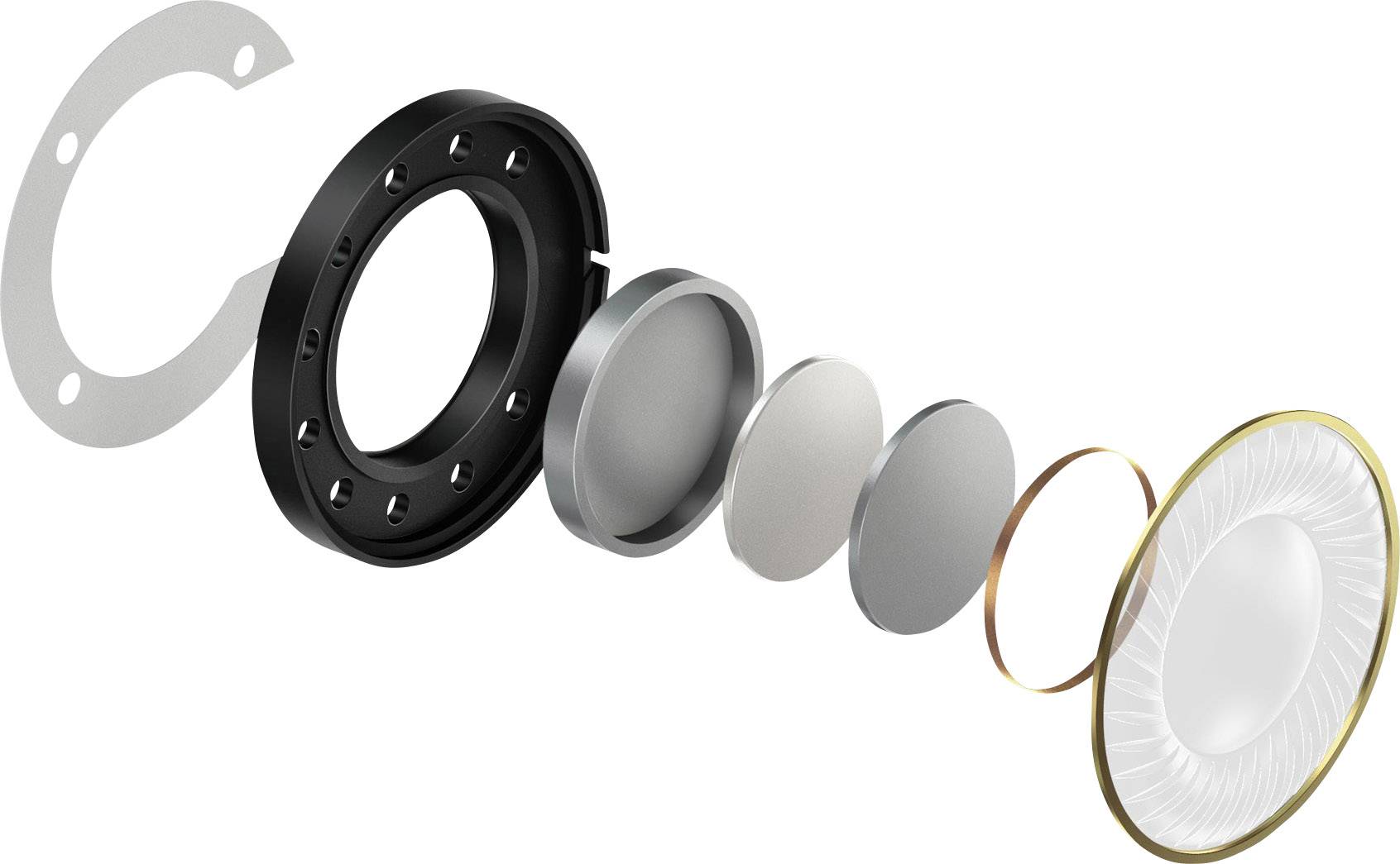 An exploded diagram of a loudspeaker shows the layers and components: housing, membrane, and coils.