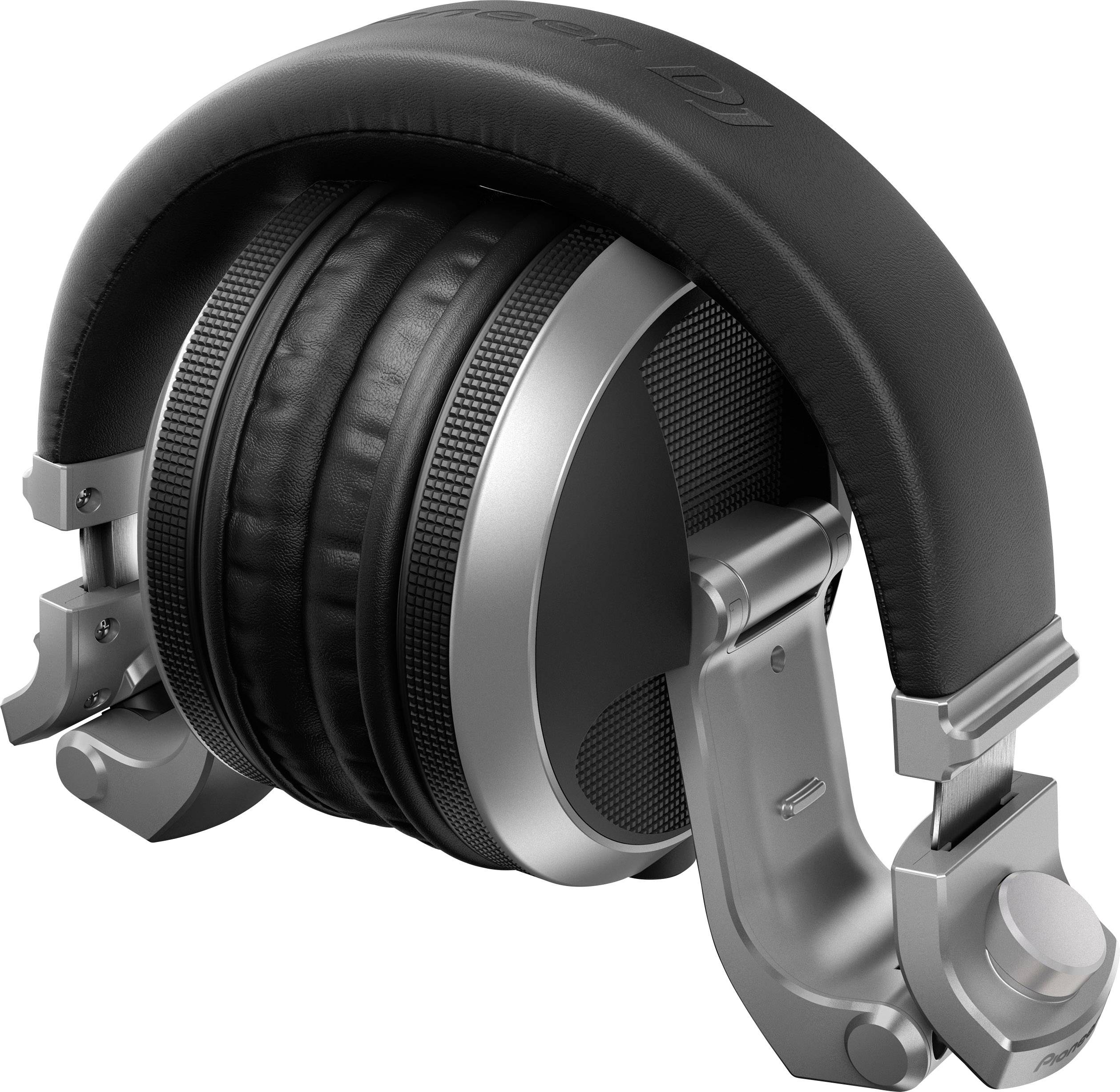 Headphones with large, padded ear cups and an adjustable, cushioned headband. Silver and black design.