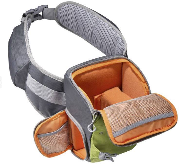 A grey and orange camera bag is shown open, featuring multiple compartments and a padded shoulder strap.