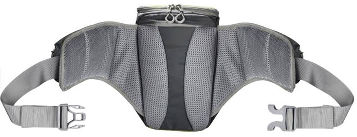 Grey-black running belt with adjustable closure and zipped pocket, designed for outdoor activities.