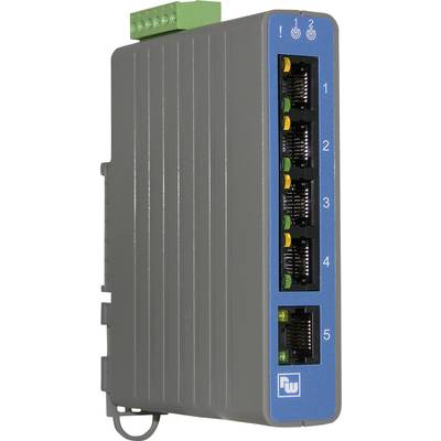 'Industrial Ethernet switch with five network ports and LED indicators, suitable for harsh environments.'