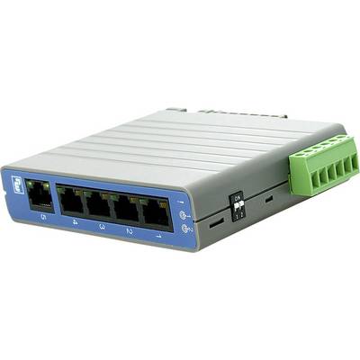 A network switch with five LAN ports and a green terminal block on the right side for connecting devices.
