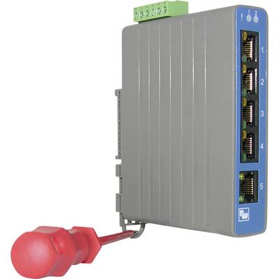 Grey network device with five Ethernet ports and red connectors on the side.