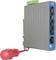 Grey network device with five Ethernet ports and red connectors on the side.