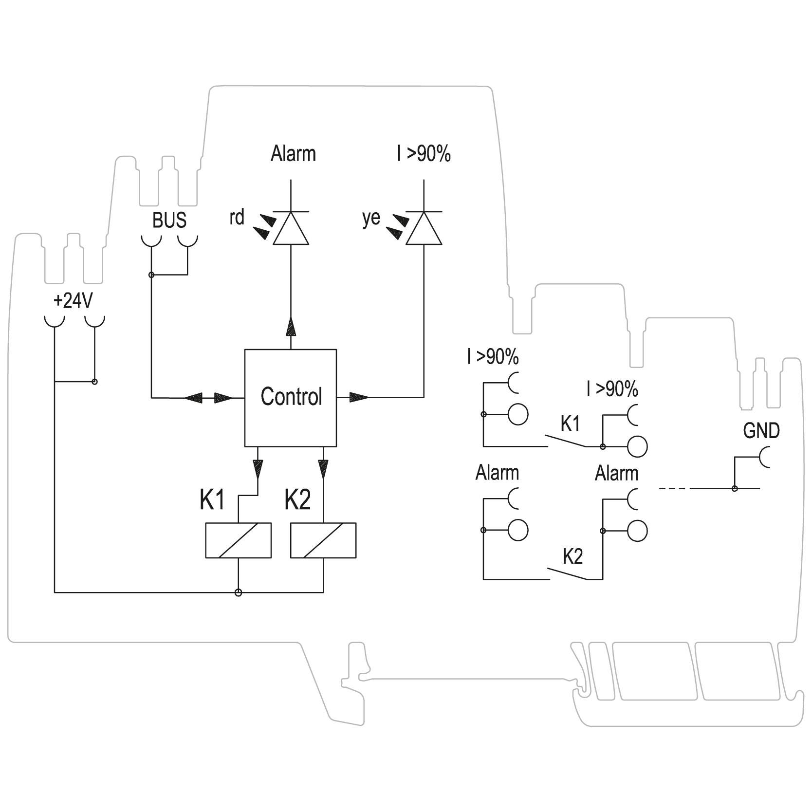 Circuit diagram of a control system: shows connections between alarm, relays (K1, K2), control module and voltage (+24V, GND).