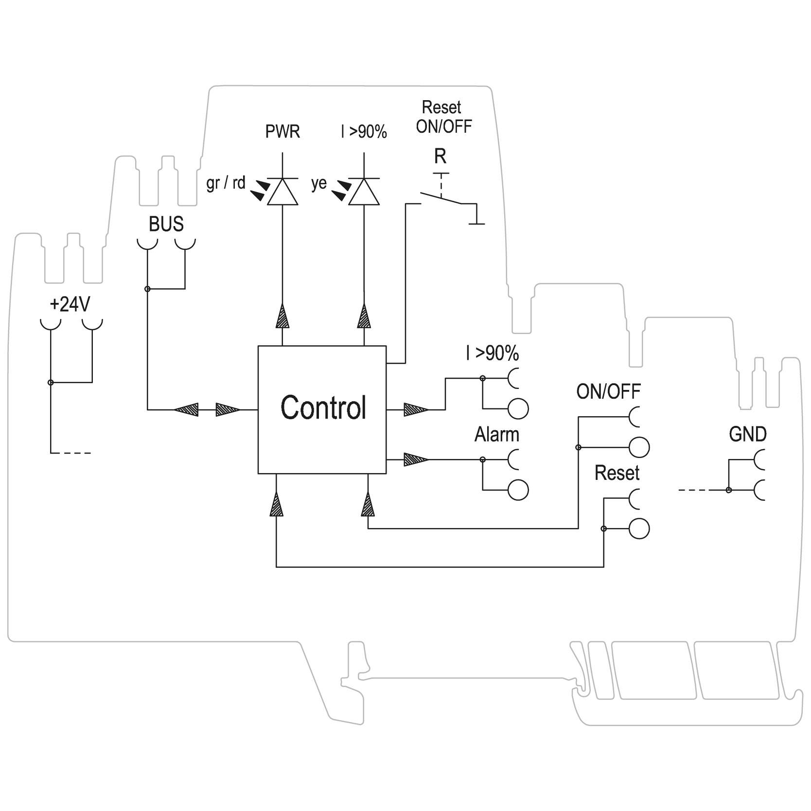 A block diagram shows the control of an electrical system. It contains connection pathways, LEDs for indication, and control switches.