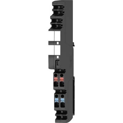 Electronic component in vertical orientation with a black housing; contains colour-coded connections for electrical connections.