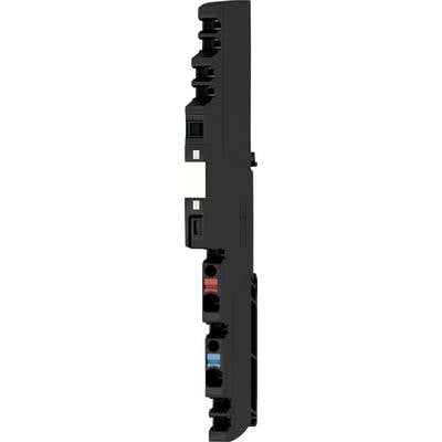 Slim, black electronic component with multiple ports and colour-coded connections. Designed for technical interfaces.
